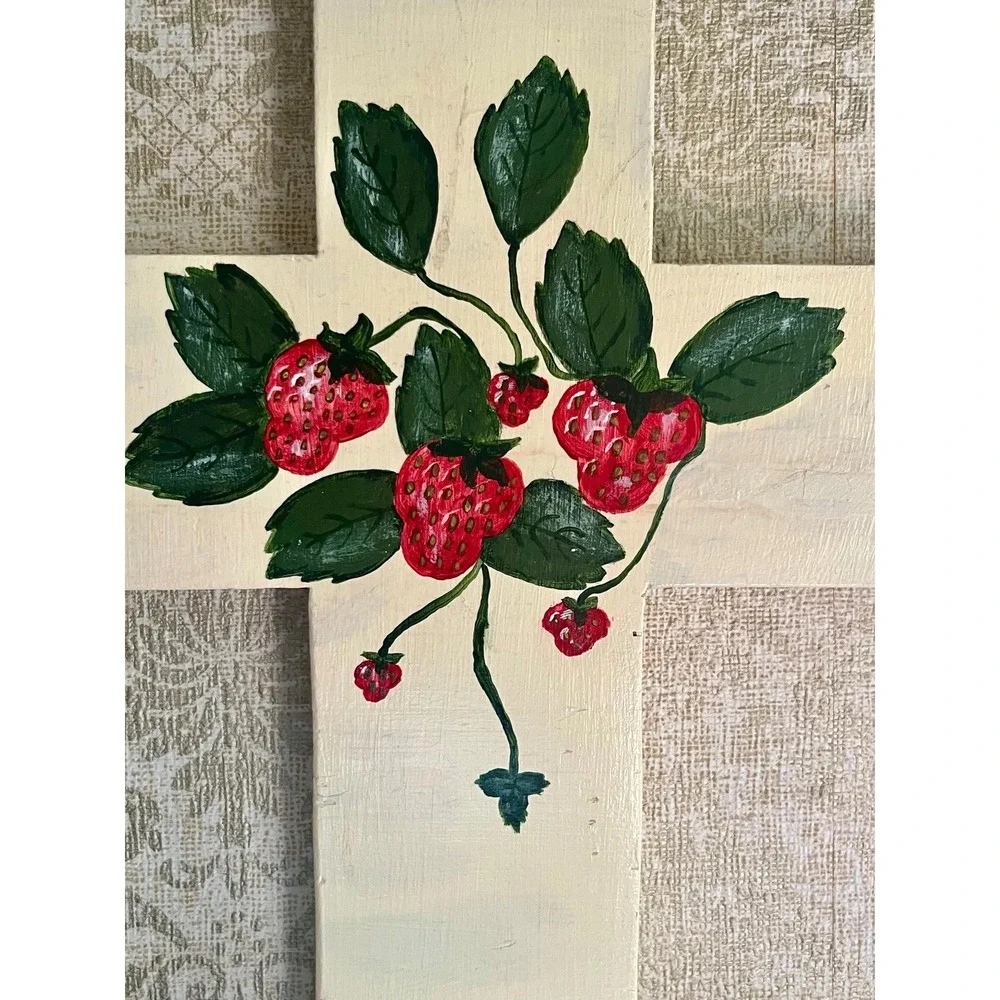 Vintage Retro Folk Art Hand‑Painted Wooden Cross with Strawberries Cottage